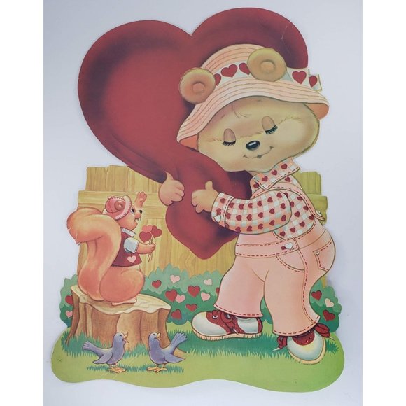 Vintage Valentine's Day Die Cut Bear Squirrel Bird Decoration Flocked - Picture 5 of 8